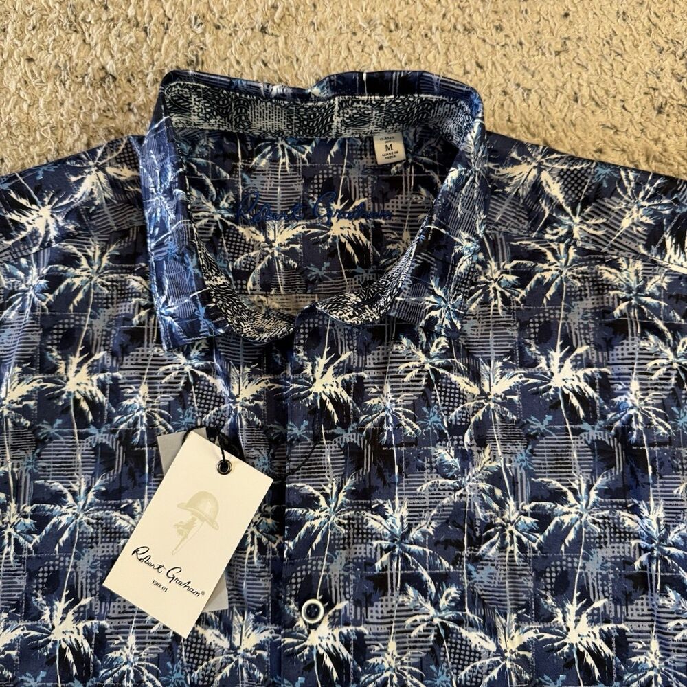 Robert Graham Mens Medium Blue Palm Tree Hawaiian Camp Shirt Short Sleeve NWT
